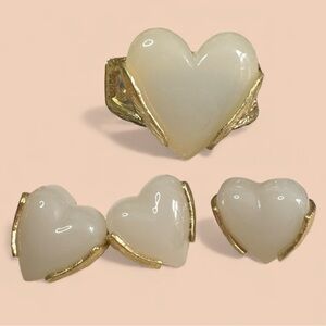White Acrylic Heart Jewelry in Goldtone Metal Set of 3